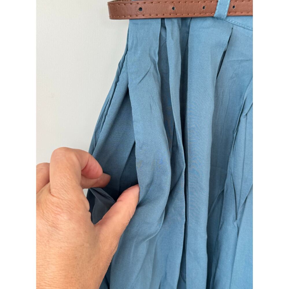 Tulip B Vintage Blue Pleated Midi Skirt Belt Pockets Lined Small NEW - Picture 7 of 11